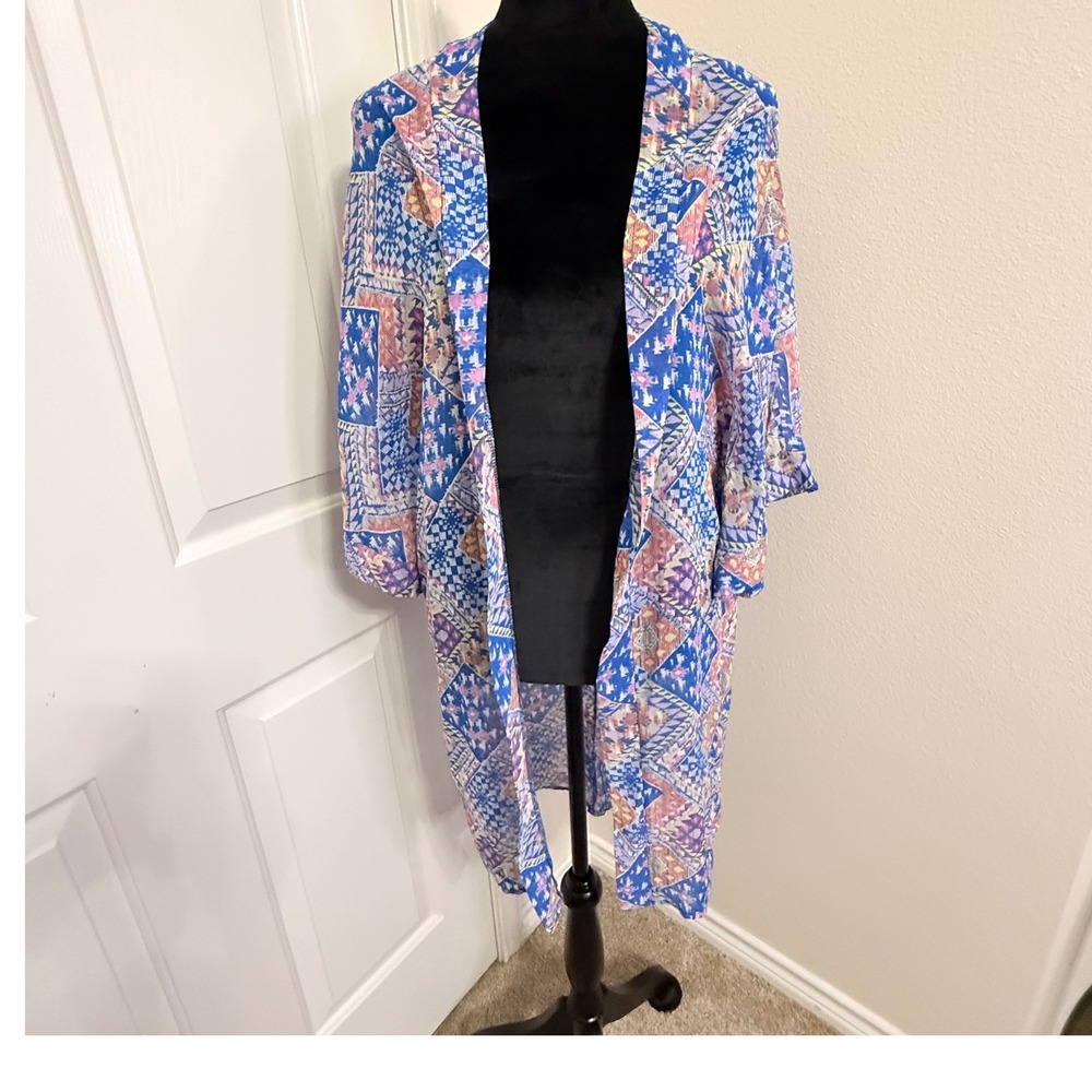 Alya Blue Geometric Patchwork Sheer Kimono Cardigan Duster Cover Up Small